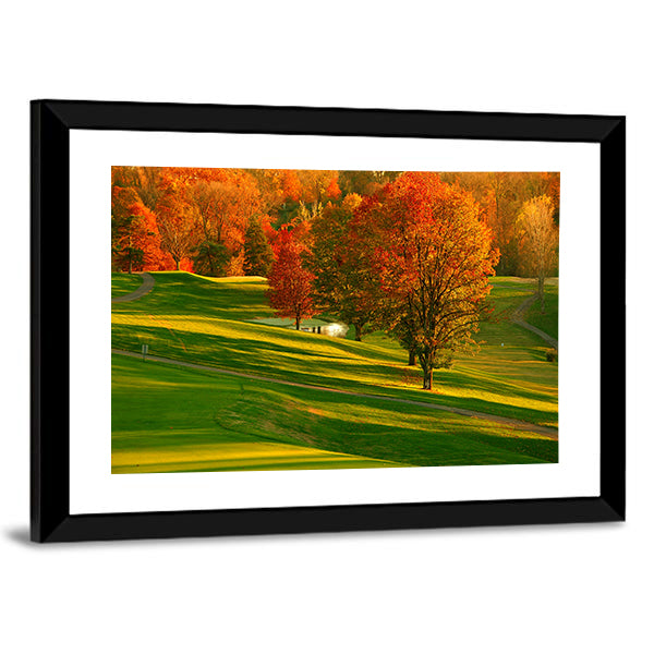 Sunset At The Golf Course Canvas Wall Art in orange, yellow and green, framed print, product view on a white background