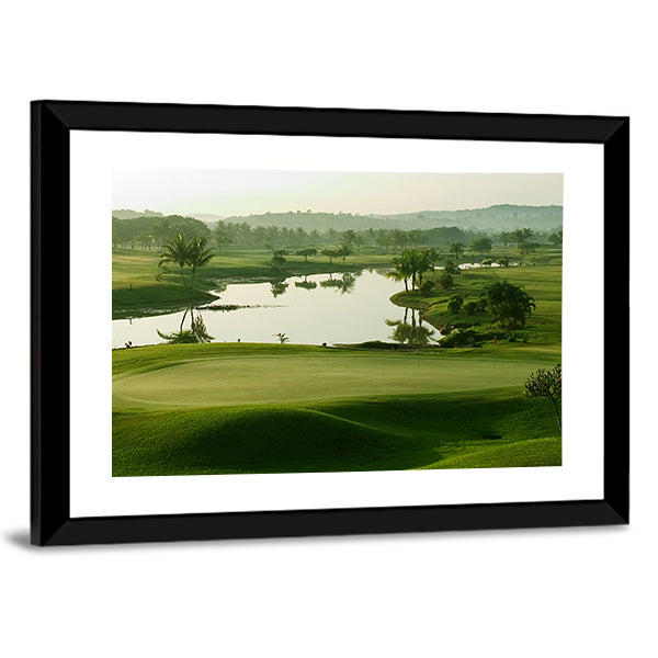Sunrise Golf Course with Lake Canvas Wall Art in white, yellow and green, framed print, product view on a white background