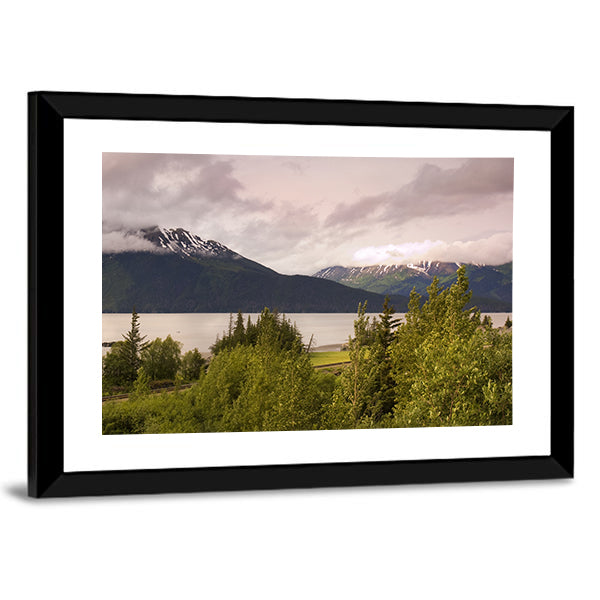 Mountain Lake In Alaska Canvas Wall Art in gray, green and blue, framed print, product view on a white background