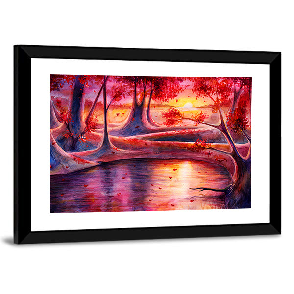 Autumn Lake Forest Watercolor Canvas Wall Art in red, orange and pink, framed print, product view on a white background