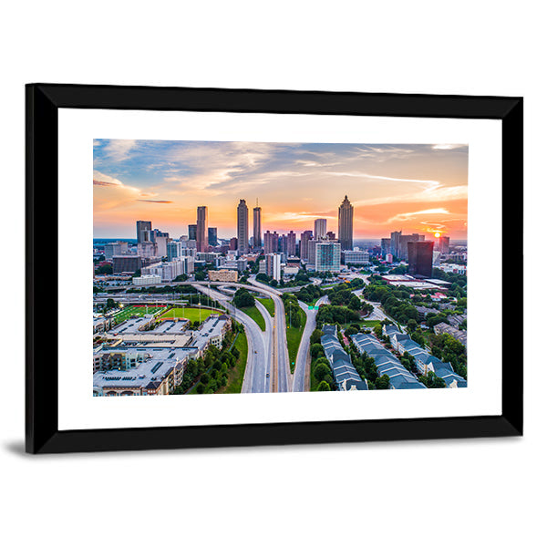 Atlanta In Georgia Skyline Canvas Wall Art in orange, green and blue, framed print, product view on a white background
