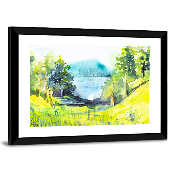 Watercolor Forest By Lake Canvas Wall Art