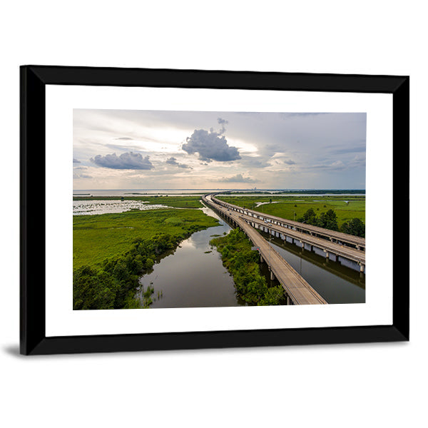 Interstate 10 Bridge Over Mobile Bay, Alabama Canvas Wall Art in gray, green and blue, framed print, product view on a white background