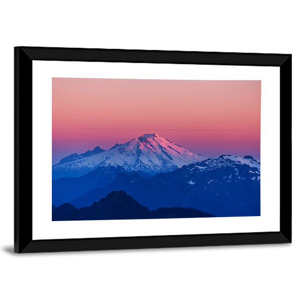 Mountain Peak In North Cascade Range Washington Canvas Wall Art in black, white and pink, framed print, product view on a white background