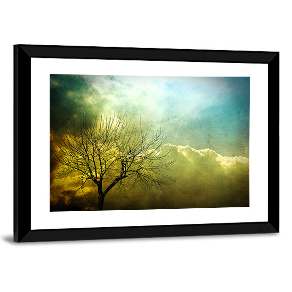 Grunge Leafless Tree with Backlit Clouds Canvas Wall Art