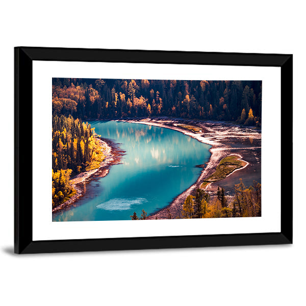 Xinjiang Kanas River In China Canvas Wall Art in green, turquoise and blue, framed print, product view on a white background
