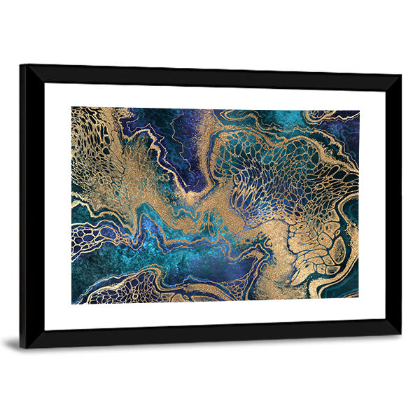 Blue And Gold Marble Texture Canvas Wall Art in gold and blue, framed print, product view on a white background