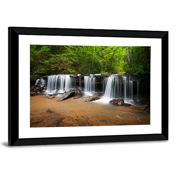 Peaceful Forest Waterfalls Canvas Wall Art in white, brown and green, framed print, product view on a white background