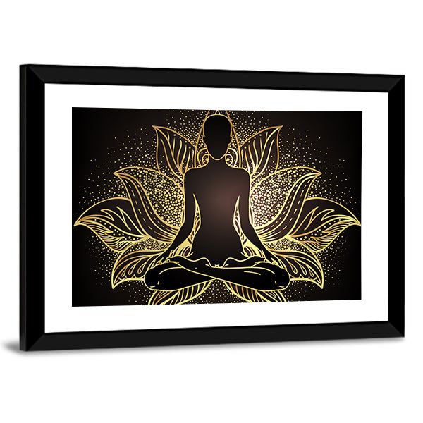 Silhouette In lotus Position Over Ornate Mandala Canvas Wall Art in black and gold, framed print, product view on a white background