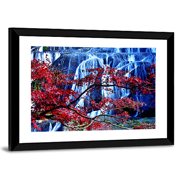 Fukuroda Waterfall In Japan Canvas Wall Art in black, red and blue, framed print, product view on a white background