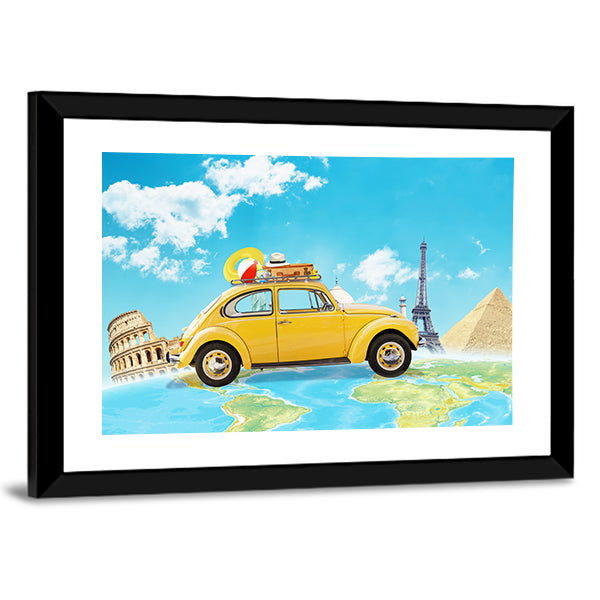 Yellow Vintage Car Over World Map Canvas Wall Art