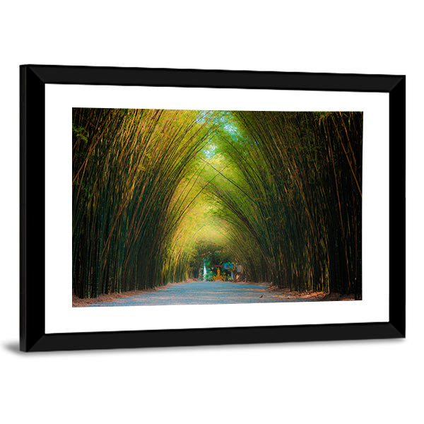 Tunnel Bamboo Trees In Thailand Canvas Wall Art in brown, yellow and green, framed print, product view on a white background