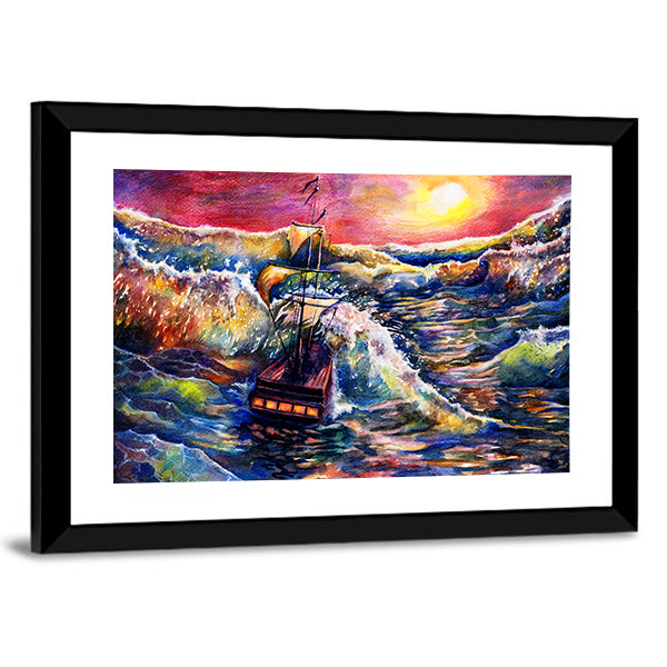 Sunset Sailing Ship in Stormy Sea Canvas Wall Art