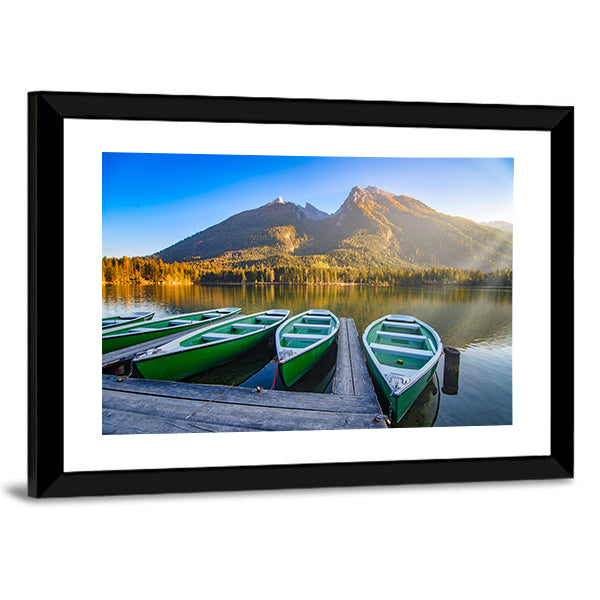 Green Rowboats on Mountain Lake Canvas Wall Art