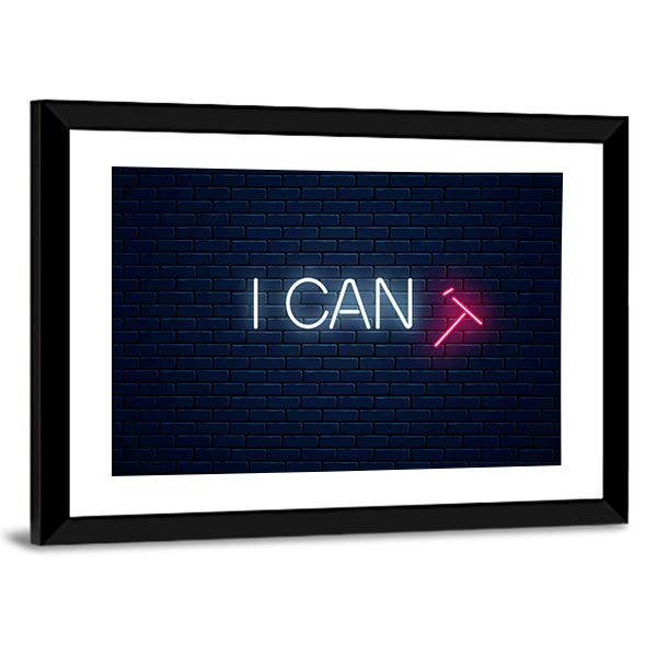 I Can Neon Quote with Crossed-out T Canvas Wall Art in black, white and blue, framed print, product view on a white background