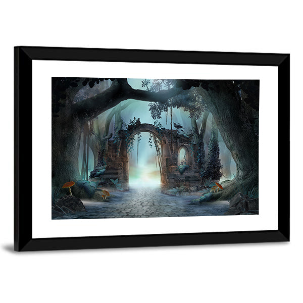 Archway In An Enchanted Fairy Forest Canvas Wall Art in gray, green and blue, framed print, product view on a white background