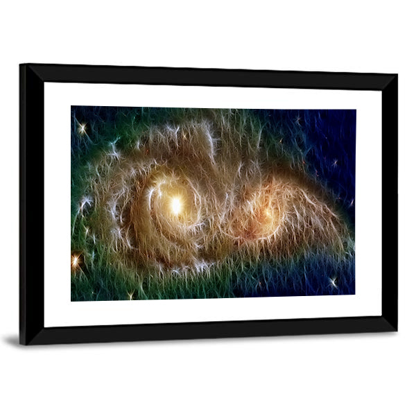 Colliding Fractal Galaxies Canvas Wall Art in gold, green and blue, framed print, product view on a white background