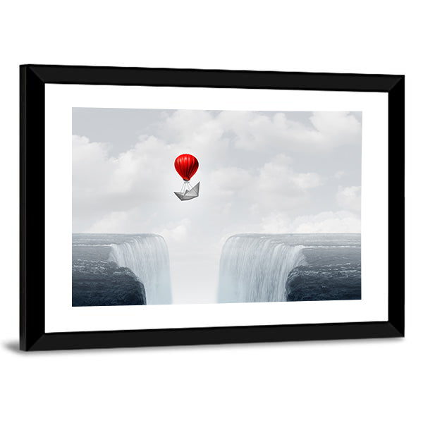 Red Balloon and Paper Boat Above Twin Waterfalls Canvas Wall Art