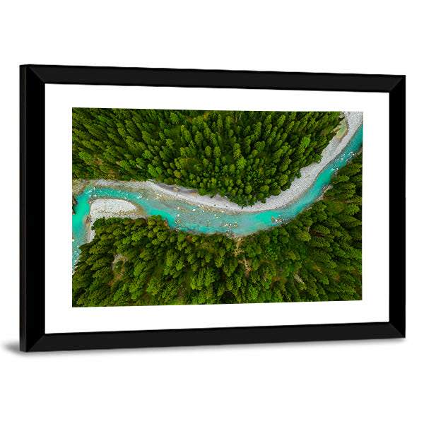 Inn River Flowing In Forest In Switzerland Canvas Wall Art in gray, green and blue, framed print, product view on a white background
