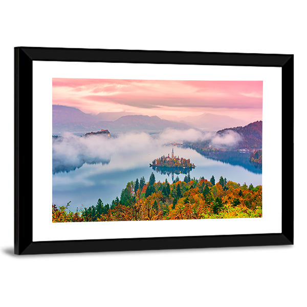 Lake Bled at Sunrise Canvas Wall Art in orange, blue and pink, framed print, product view on a white background
