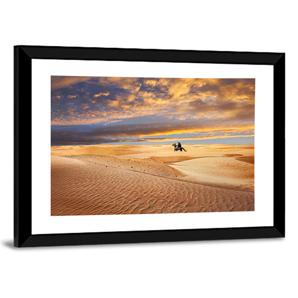 Sahara Desert At Sunrise In Tunisia Canvas Wall Art in orange, yellow and blue, framed print, product view on a white background
