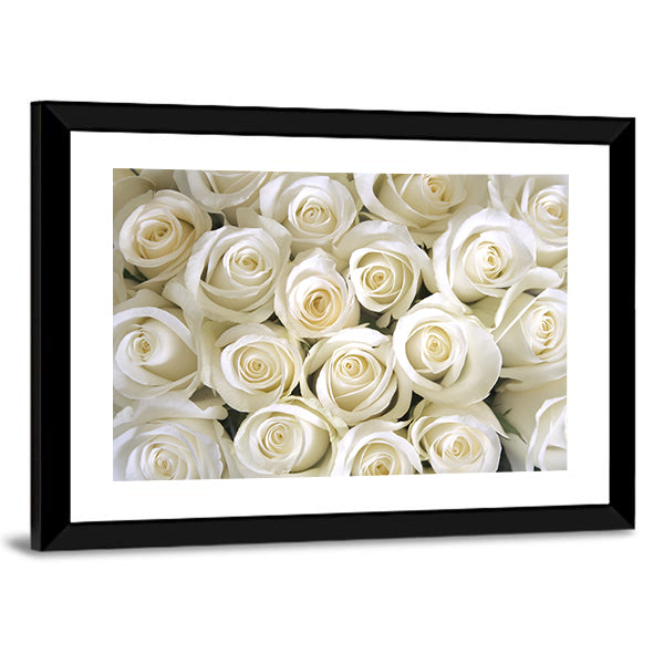 Silky White Roses Canvas Wall Art in white and beige, framed print, product view on a white background