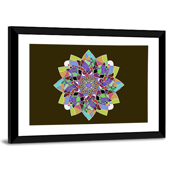Dahlia Flower Mandala Canvas Wall Art in brown, purple and multicolor, framed print, product view on a white background