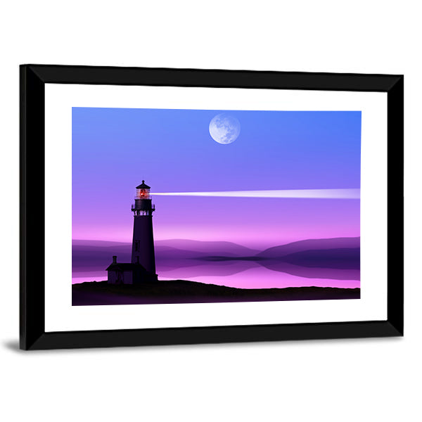 Moonlit Lighthouse Silhouette Canvas Wall Art