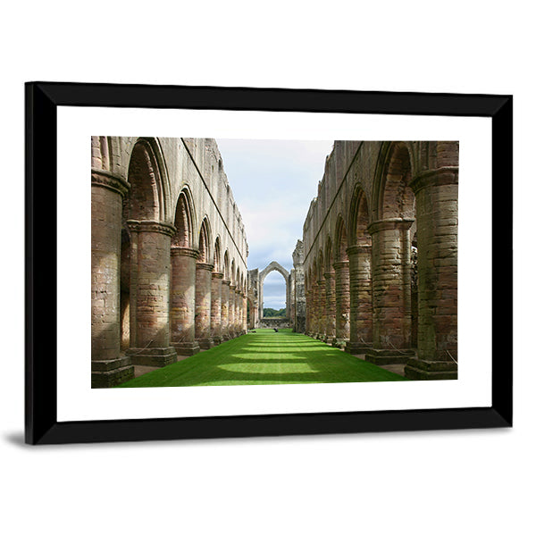 Ruins of Fountains Abbey Canvas Wall Art in gray, brown and green, framed print, product view on a white background