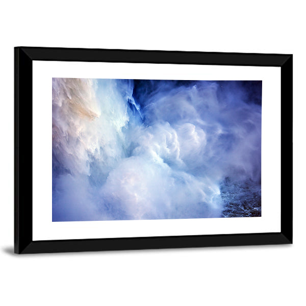 Snoqualme Falls In Washington State Canvas Wall Art in white, blue and purple, framed print, product view on a white background