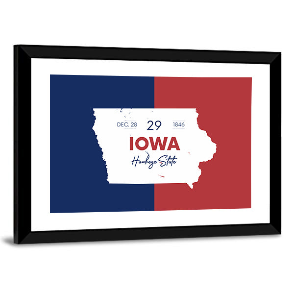 Iowa State Map with Hawkeye Script Canvas Wall Art