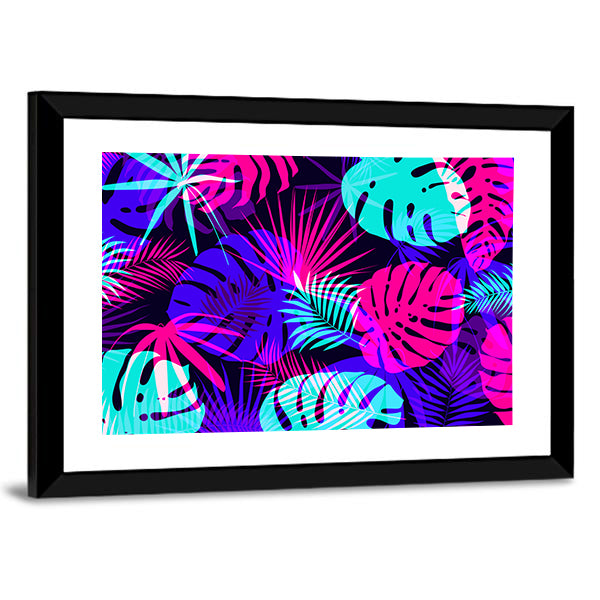 Neon Tropical Leaves Pattern Canvas Wall Art