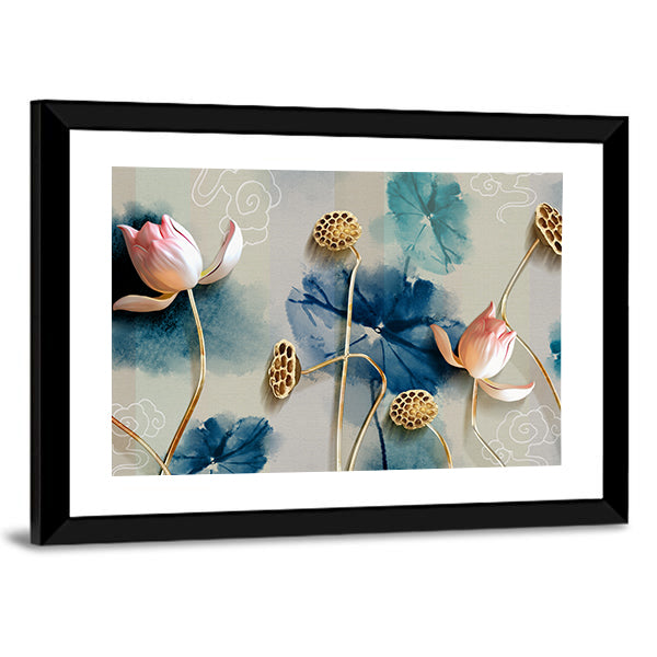 Lotus Garden Illustration with Gold Accents Canvas Wall Art