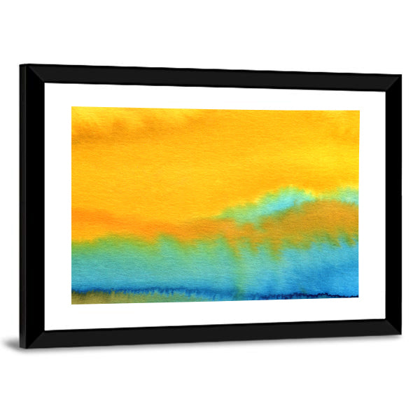 Modern Aquarelle Abstract Canvas Wall Art in yellow, green and blue, framed print, product view on a white background