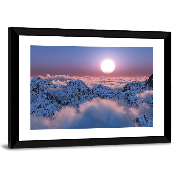 Scenic Mountain Sunset Canvas Wall Art in blue, purple and pink, framed print, product view on a white background