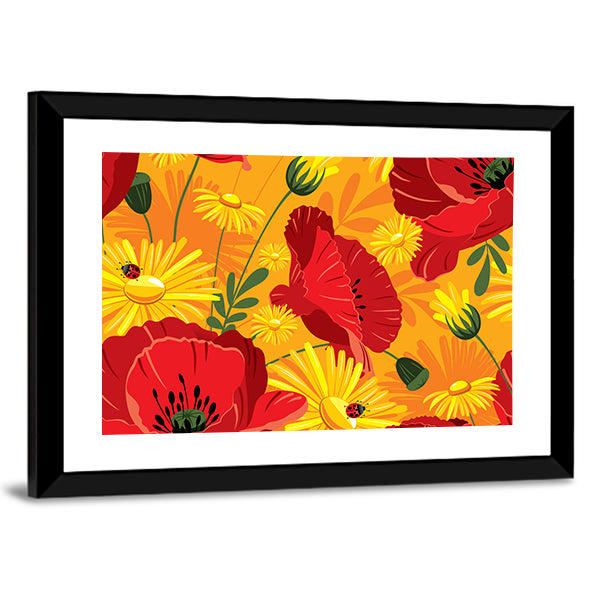 Poppies and Daisies with Ladybugs Canvas Wall Art