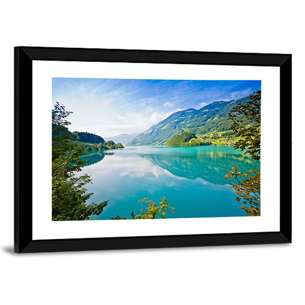 Majestic Mountain Lake In Switzerland Canvas Wall Art in green and blue, framed print, product view on a white background