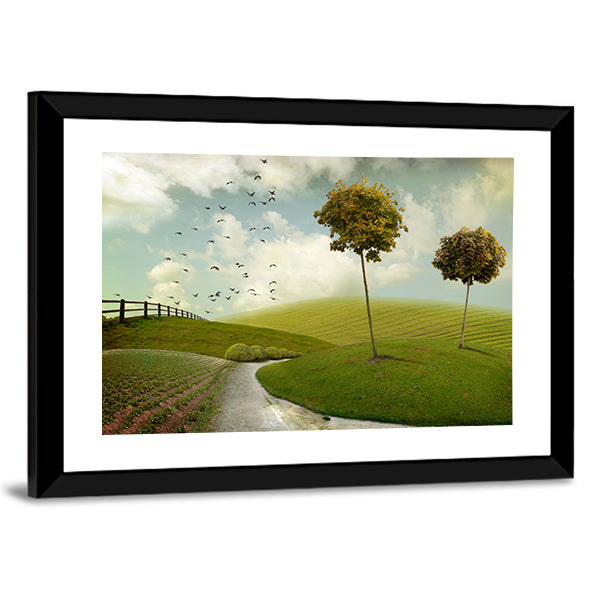 Winding Path Through Surreal Green Hills Canvas Wall Art in white, yellow and green, framed print, product view on a white background