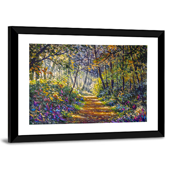 Sunlit Forest Path with Wildflowers Canvas Wall Art