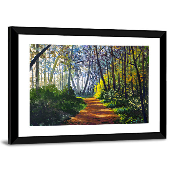Sunlit Forest Path in Park Canvas Wall Art