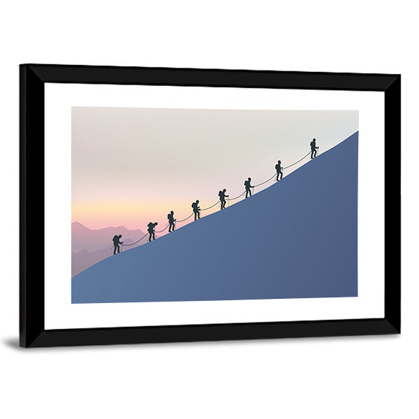 Roped Mountaineers on Slanted Blue Slope Canvas Wall Art