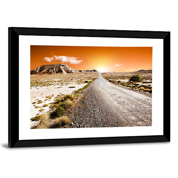 Sunset Desert Landscape With Road Canvas Wall Art