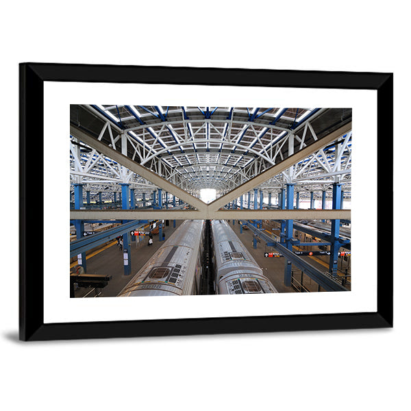 Stillwell Avenue Subway Station, Coney Island Canvas Wall Art in white, silver and blue, framed print, product view on a white background