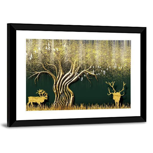 Abstract Golden Tree and Deer Silhouettes Canvas Wall Art