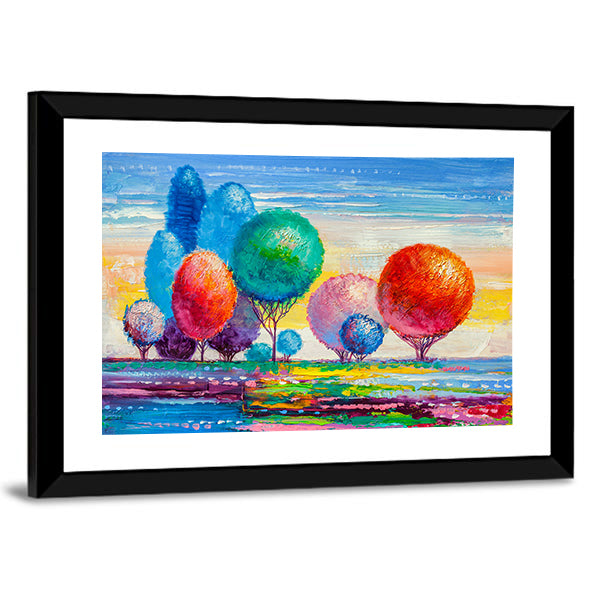 Colorful Autumn Meadow with Stylized Trees Canvas Wall Art in orange, blue and multicolor, framed print, product view on a white background