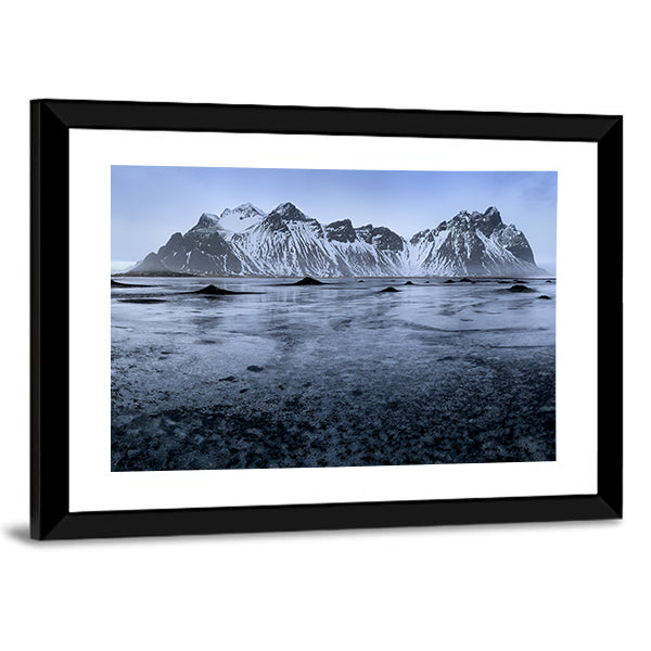 Sand Dunes At Stoksnes Beach In Iceland Canvas Wall Art in black, gray and blue, framed print, product view on a white background