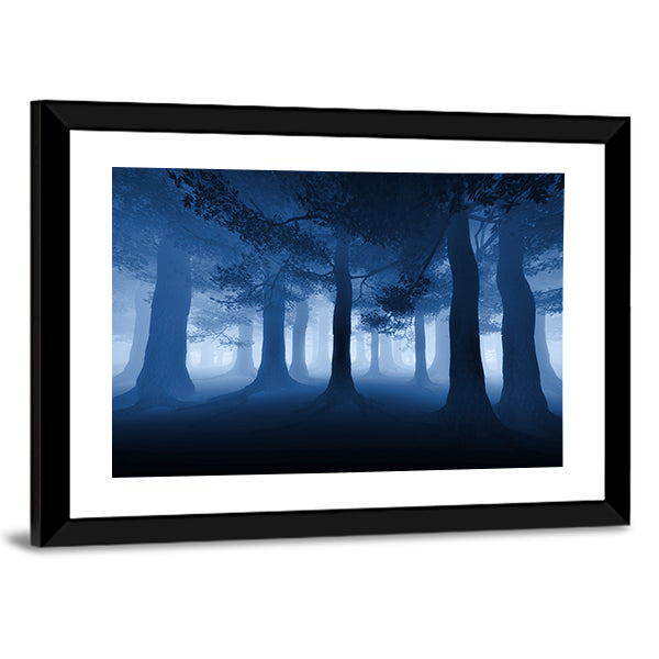 Dark Blue Forest With A Ray Of Light Canvas Wall Art