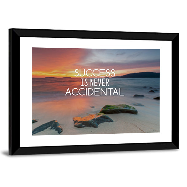 Success Is Never Accidental Beach Quote Canvas Wall Art in beige, orange and blue, framed print, product view on a white background