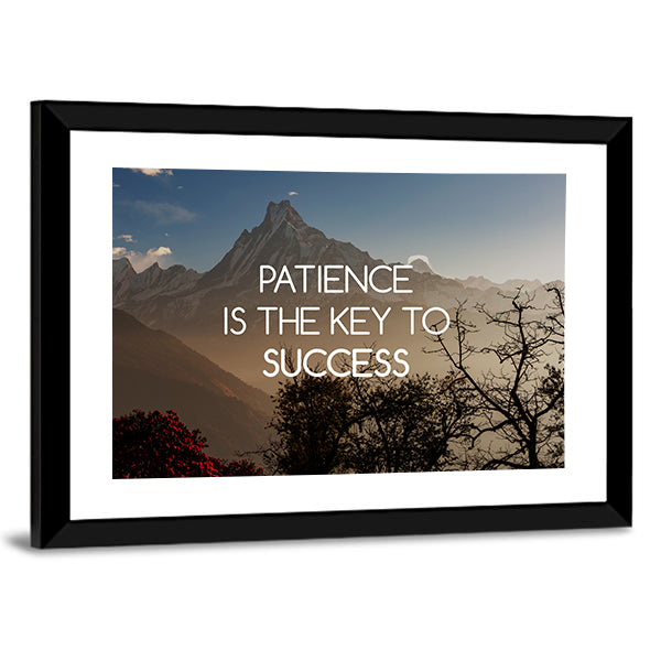 Patience Is the Key to Success Canvas Wall Art in gray, brown and blue, framed print, product view on a white background