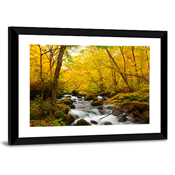 Autumn Colors Of Oirase River Canvas Wall Art in brown, yellow and green, framed print, product view on a white background